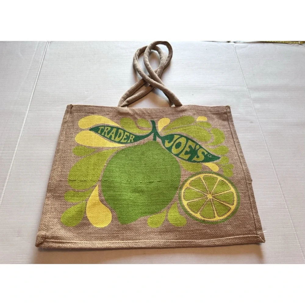 Trader Joe's Lemon Lime Tote Reusable Jute Burlap Beach Bag RARE